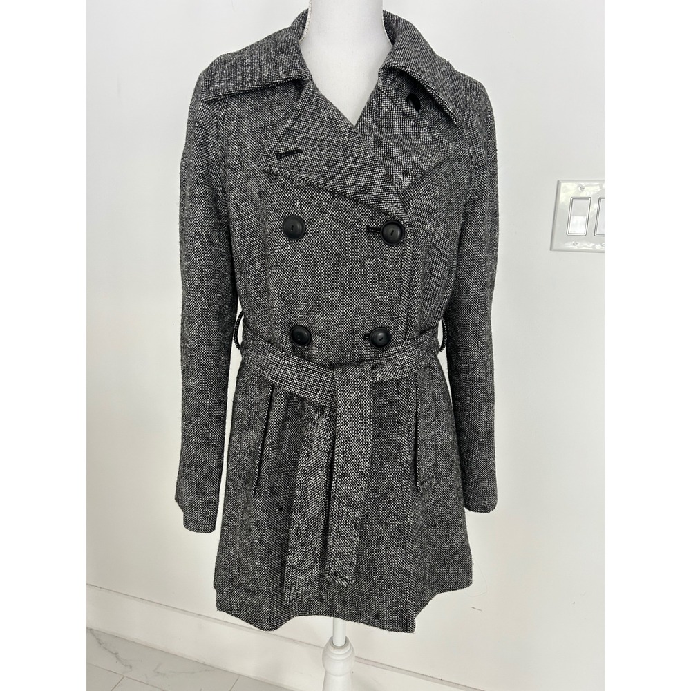 Old Navy Womens Black White Tweed Wool Blend Double Breasted Trench Coat Medium